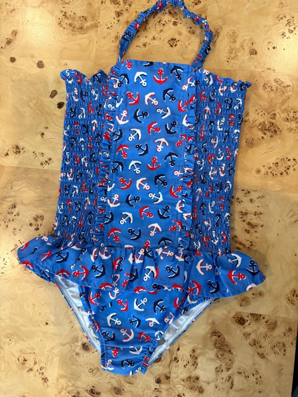 Rachel Riley Girls Anchor Swimsuit 10Y Blue Halter One Piece Nautical Ruffle